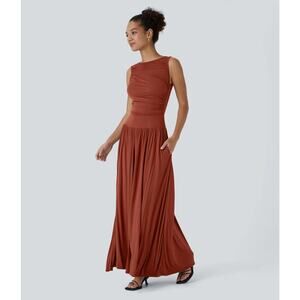 Halara Ribbed Boat Neck Asymmetric Ruched Pocket Flowy Maxi Picante Dress L